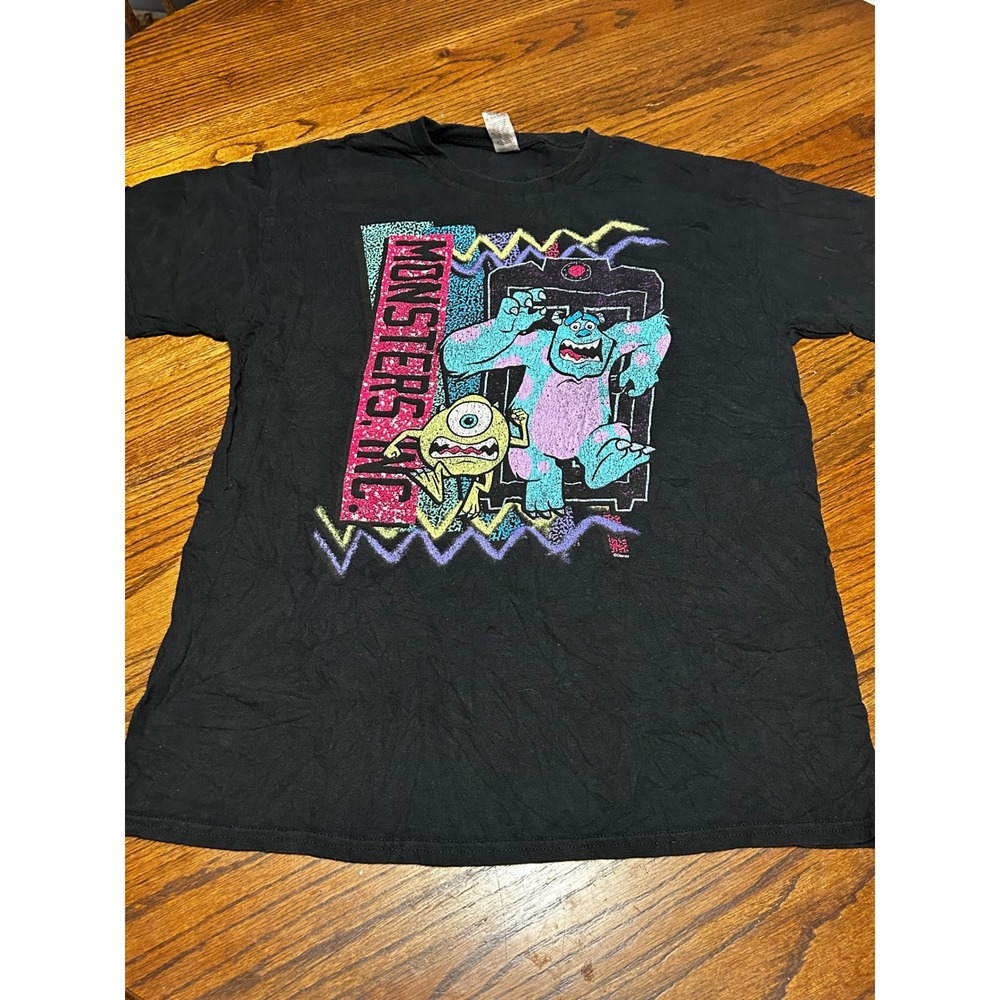 Disney Monsters Inc Mike and Sulley Black Graphic T-Shirt Neon Retro Large